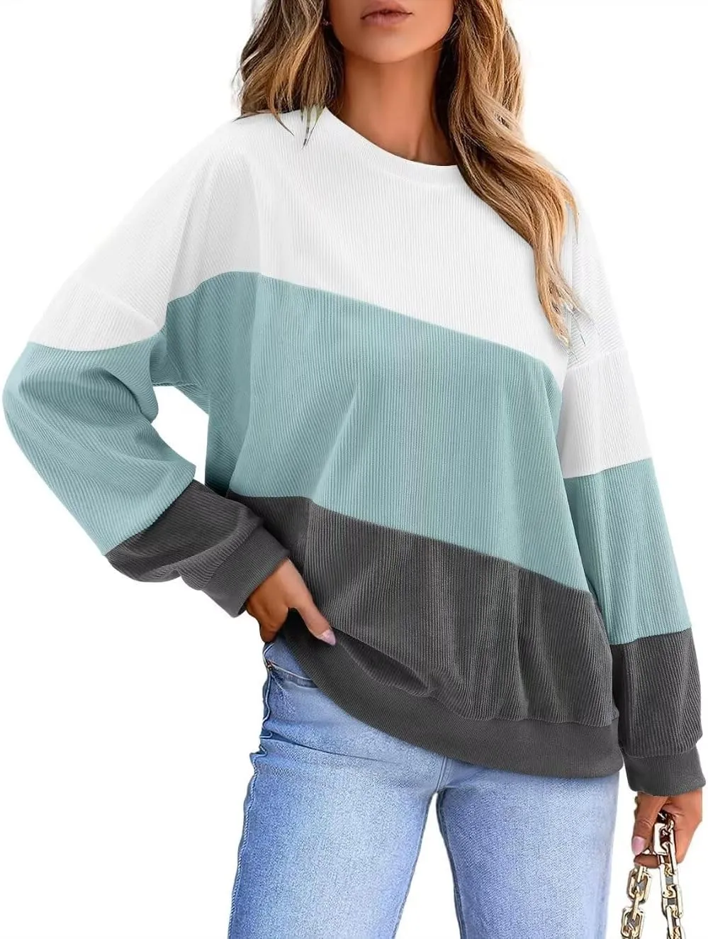 KISSMODA Womens Casual Long Sleeve Sweatshirts Color Block/Solid Tops Corduroy Crewneck Tunic Pullover with Pockets