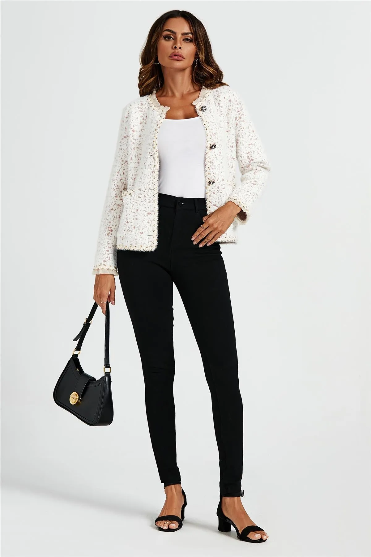 Lace Trim Boucle Jacket In Cream