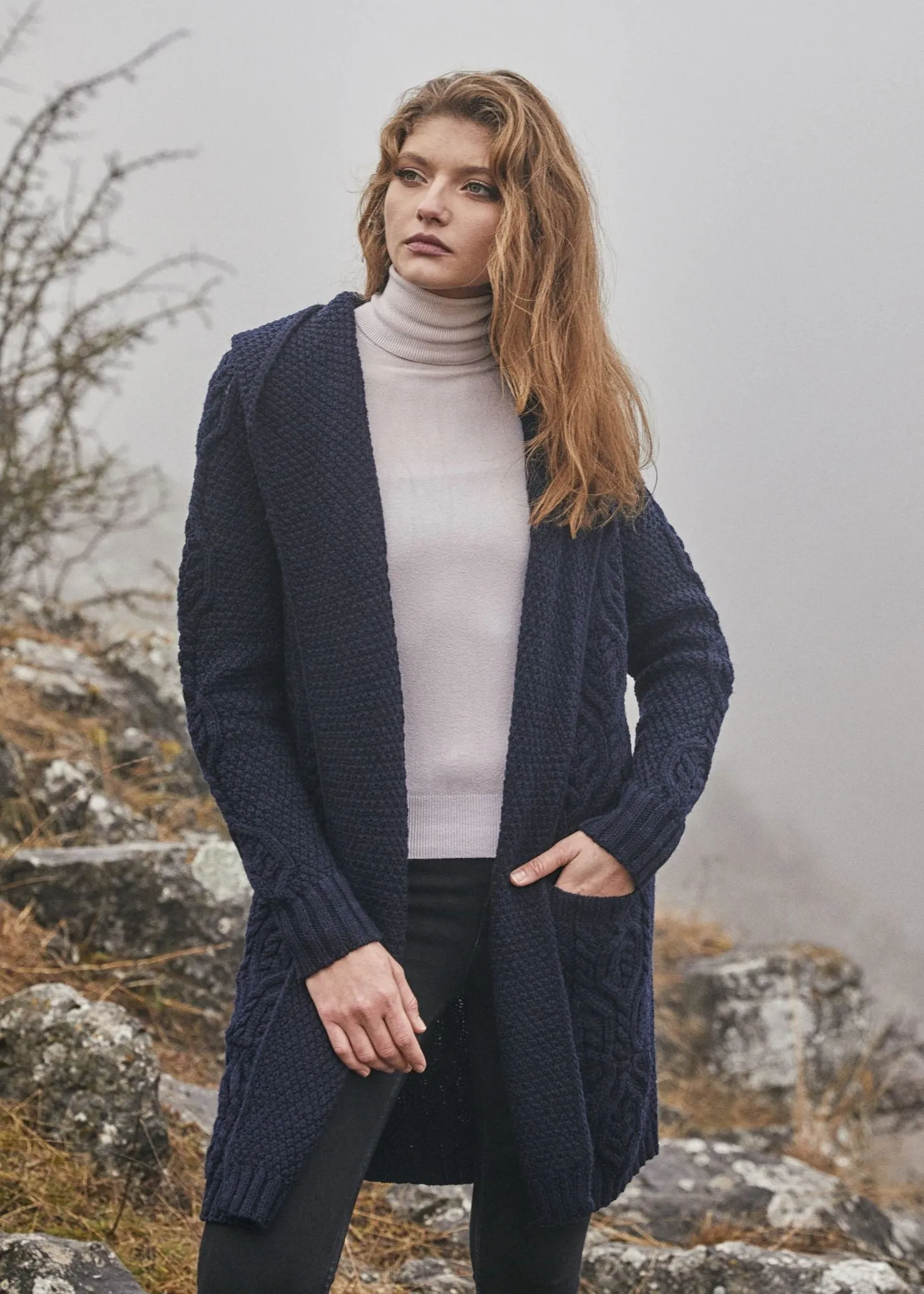 Ladies Classic Long Hooded Cardigan | Navy