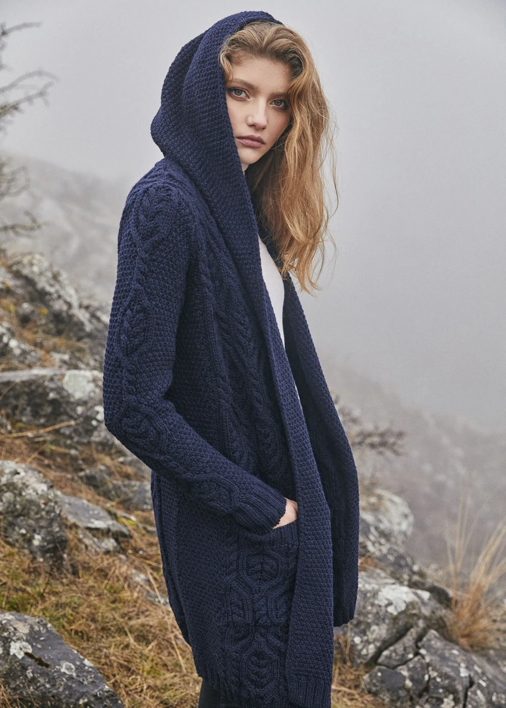 Ladies Classic Long Hooded Cardigan | Navy