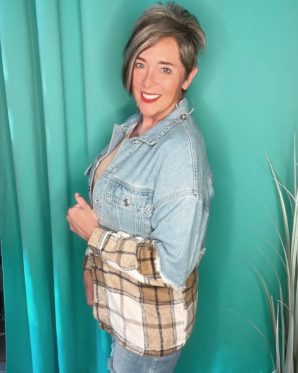 Light Denim & Plaid Block Button Down Long Sleeve Frayed Top