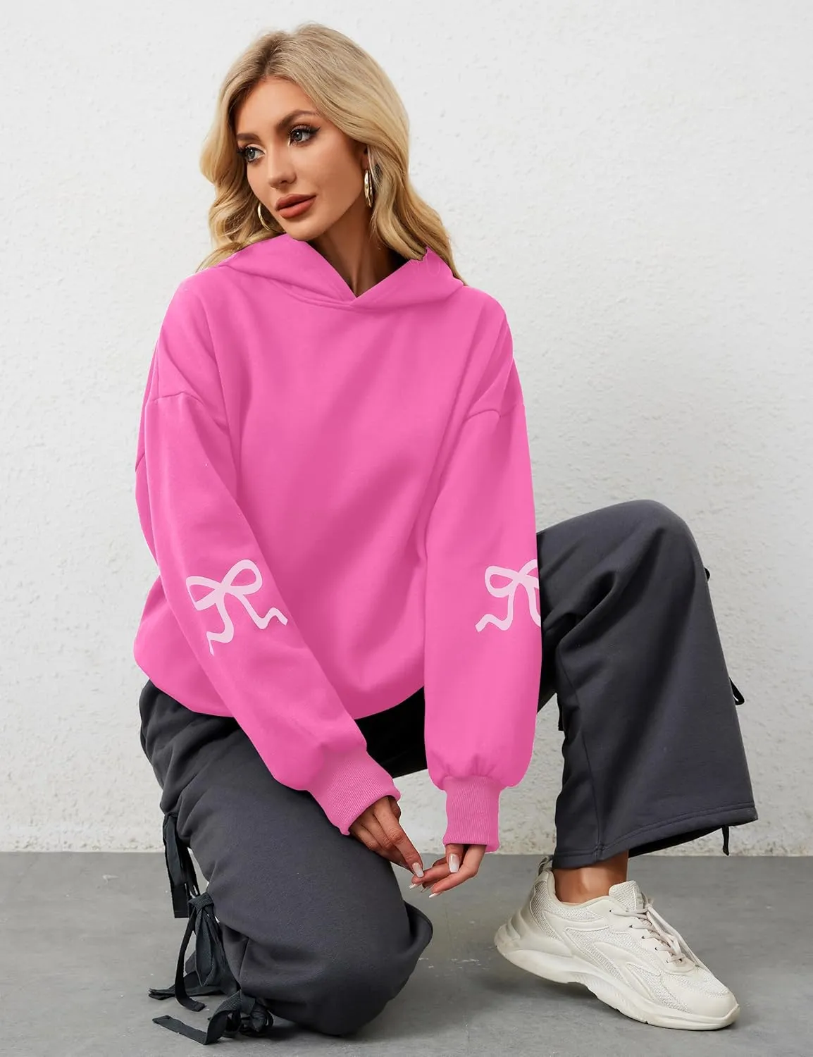 Livtany Women's Bow Trim Print Fleeced Hoodies Oversized Long Sleeve Hooded Sweatshirts Graphic Drop Shoulder Pullover Top