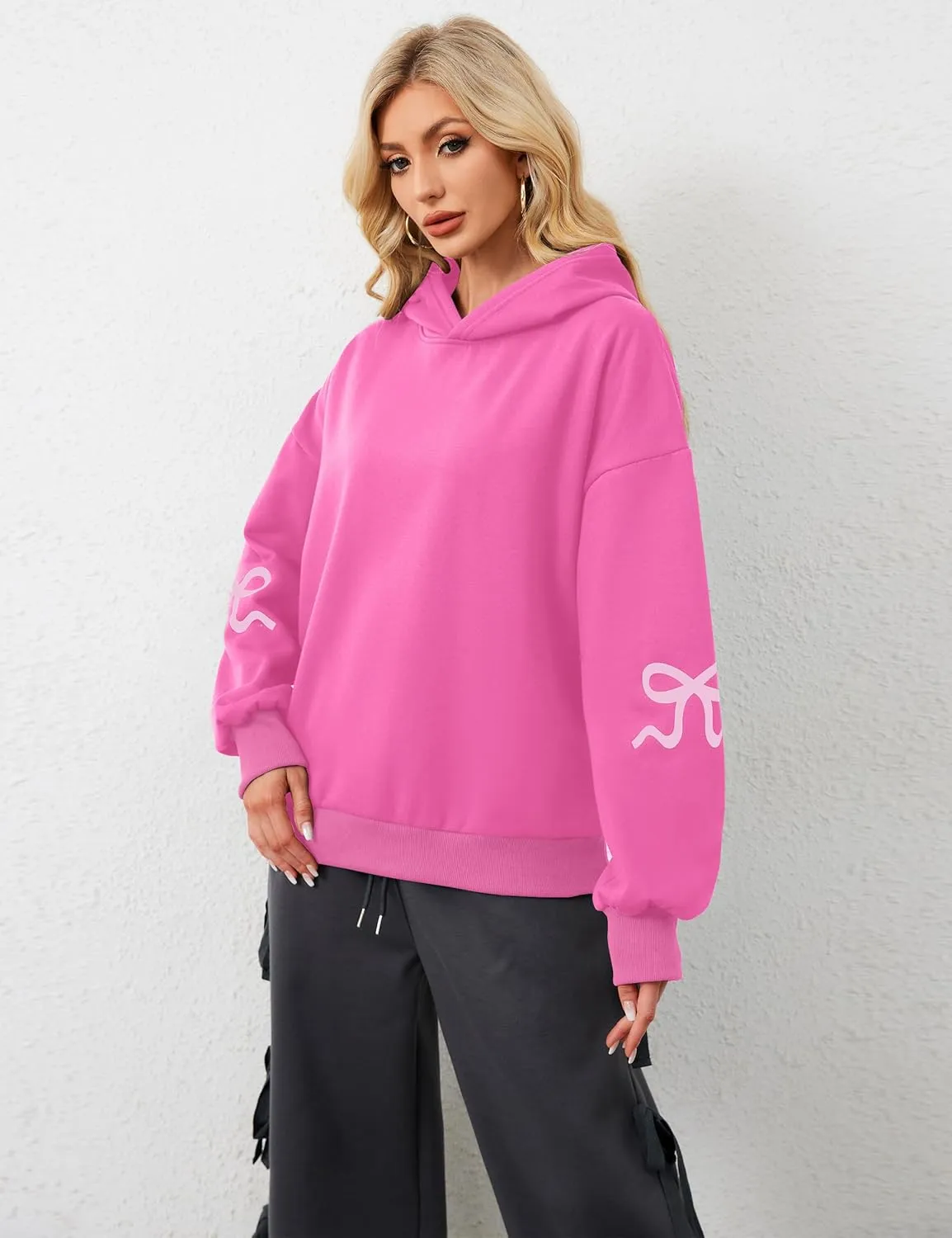 Livtany Women's Bow Trim Print Fleeced Hoodies Oversized Long Sleeve Hooded Sweatshirts Graphic Drop Shoulder Pullover Top