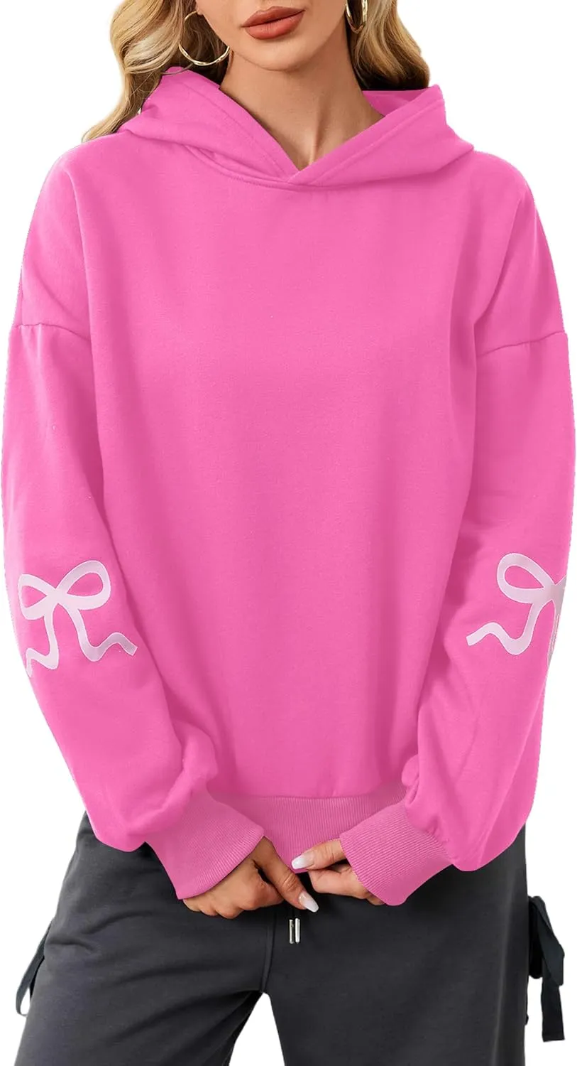 Livtany Women's Bow Trim Print Fleeced Hoodies Oversized Long Sleeve Hooded Sweatshirts Graphic Drop Shoulder Pullover Top