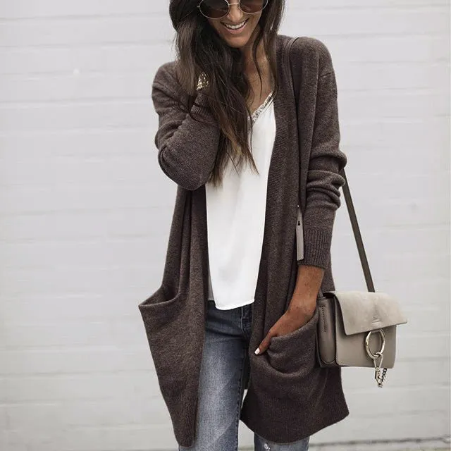 Long Loose Full Sleeve Big Pockets Open Long Coat