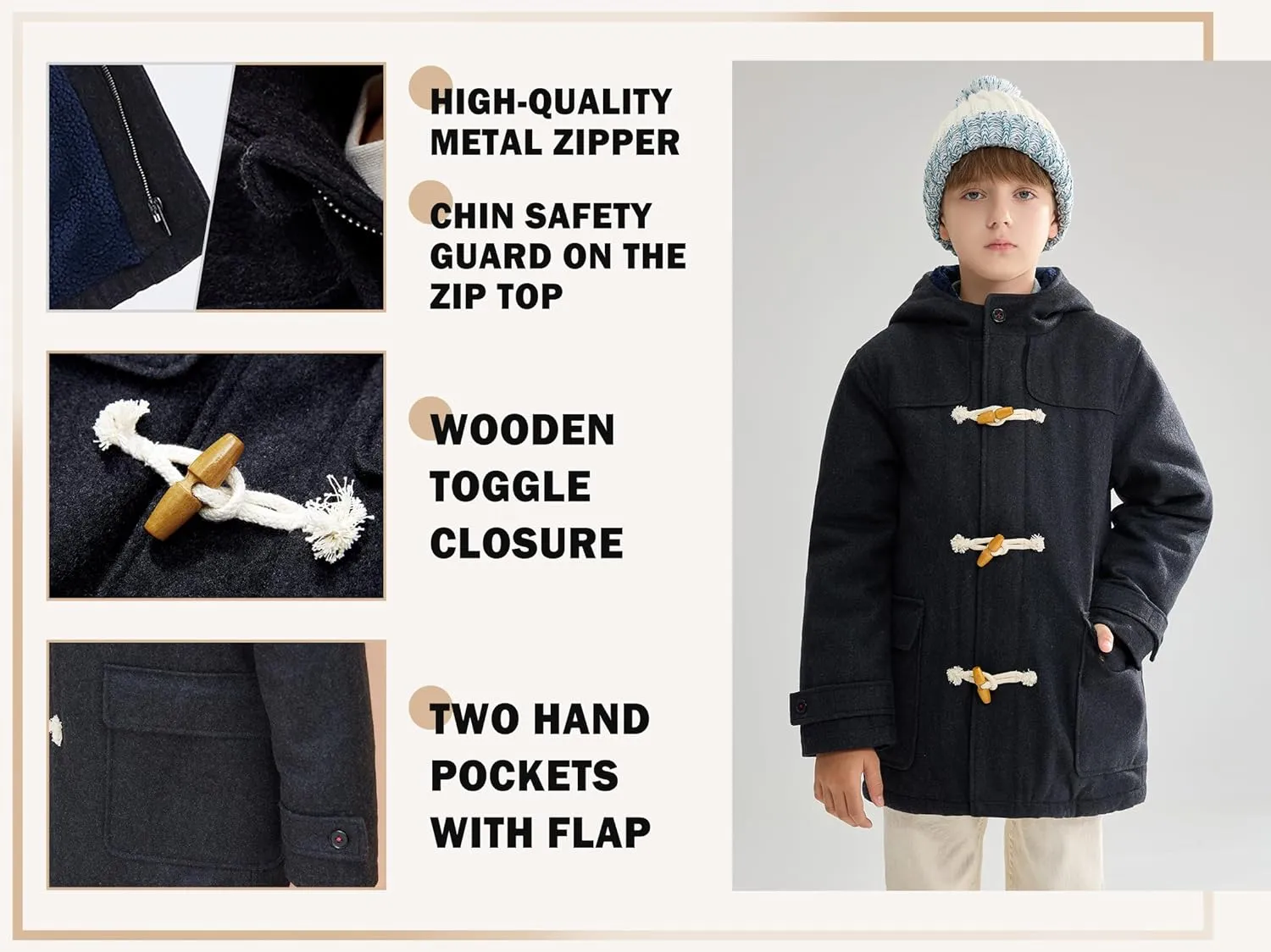 maoo garden Boys Winter Wool Coat Dress Peacoat Kids Heavy Sherpa Jacket Hooded Warm Thicken Windproof Overcoats
