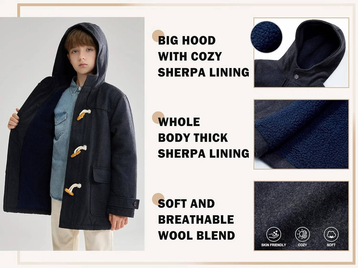 maoo garden Boys Winter Wool Coat Dress Peacoat Kids Heavy Sherpa Jacket Hooded Warm Thicken Windproof Overcoats