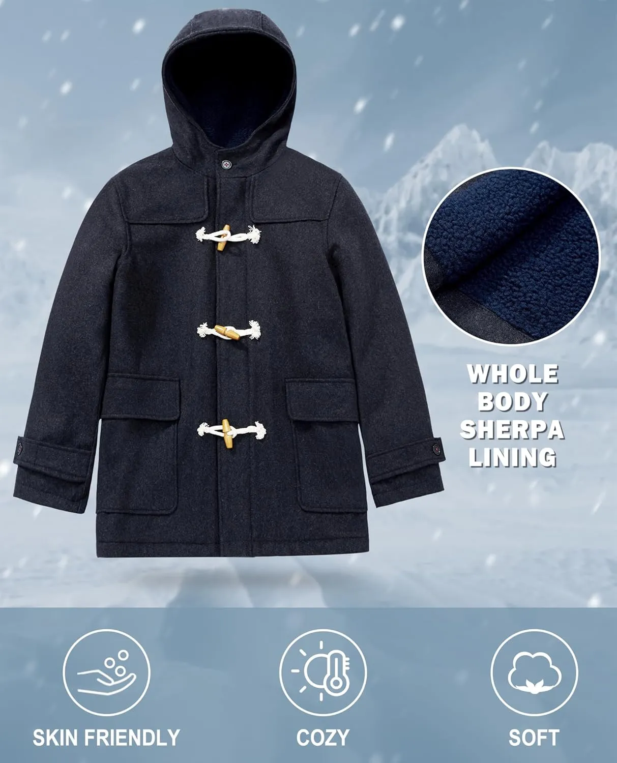 maoo garden Boys Winter Wool Coat Dress Peacoat Kids Heavy Sherpa Jacket Hooded Warm Thicken Windproof Overcoats