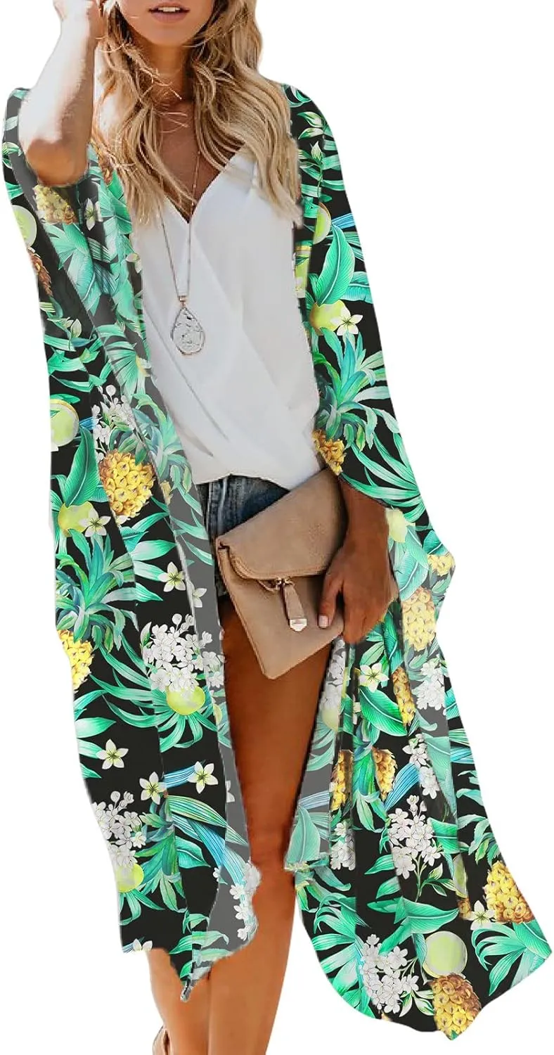 MayBuy Women's Summer Long Flowy Kimono Cardigans Boho Chiffon Beach Cover Up Tops
