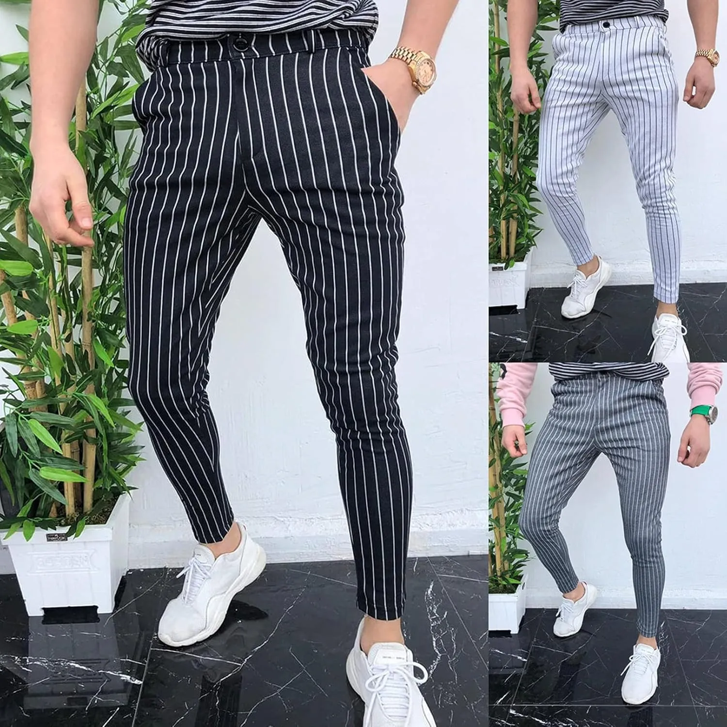 Men's Classic Slim Fit Easy Pants Stria Skinny Suit Pants Stretch Chino Flat Front Straight Trousers Dress Pants