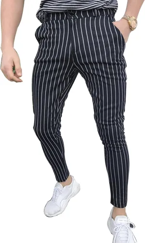 Men's Classic Slim Fit Easy Pants Stria Skinny Suit Pants Stretch Chino Flat Front Straight Trousers Dress Pants