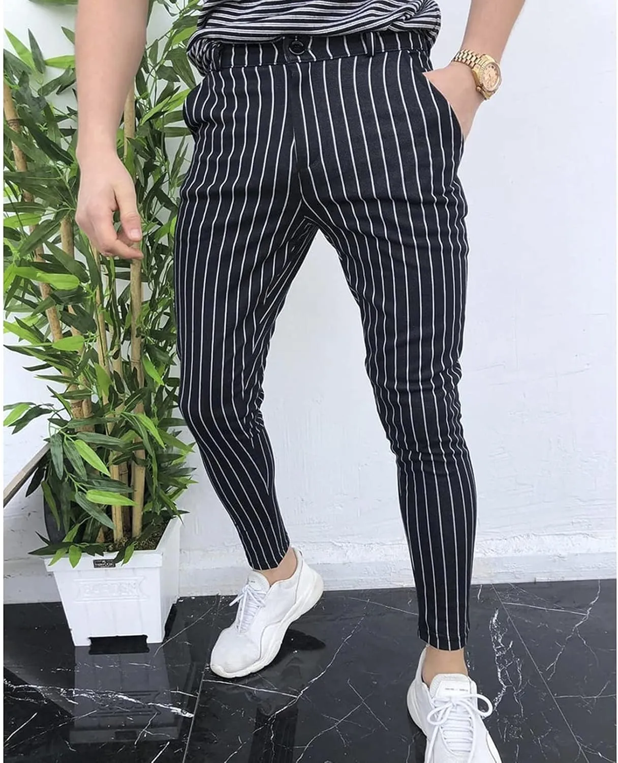 Men's Classic Slim Fit Easy Pants Stria Skinny Suit Pants Stretch Chino Flat Front Straight Trousers Dress Pants