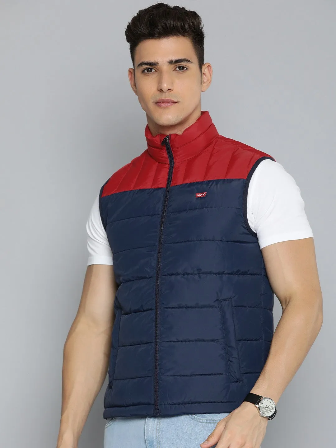 Men's Colorblock Navy High Neck Jacket