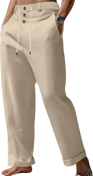 Mens Fashion Straight-Legs Trousers Casual Loose Fit Button Linen Pants Elastic Drawstring Waist Beach Long Pants