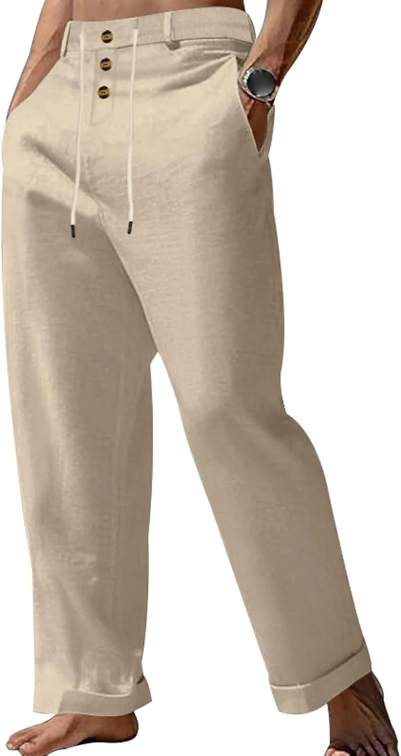 Mens Fashion Straight-Legs Trousers Casual Loose Fit Button Linen Pants Elastic Drawstring Waist Beach Long Pants
