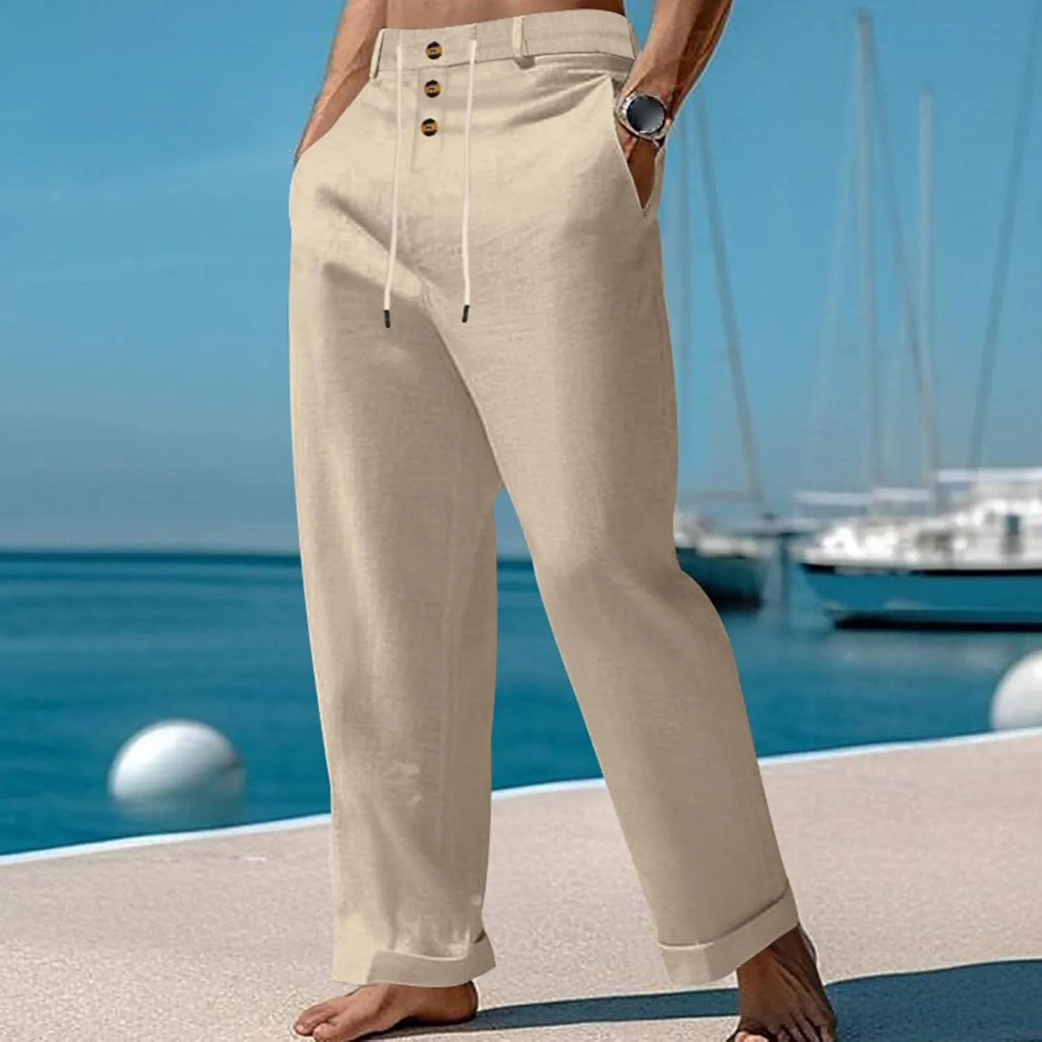 Mens Fashion Straight-Legs Trousers Casual Loose Fit Button Linen Pants Elastic Drawstring Waist Beach Long Pants