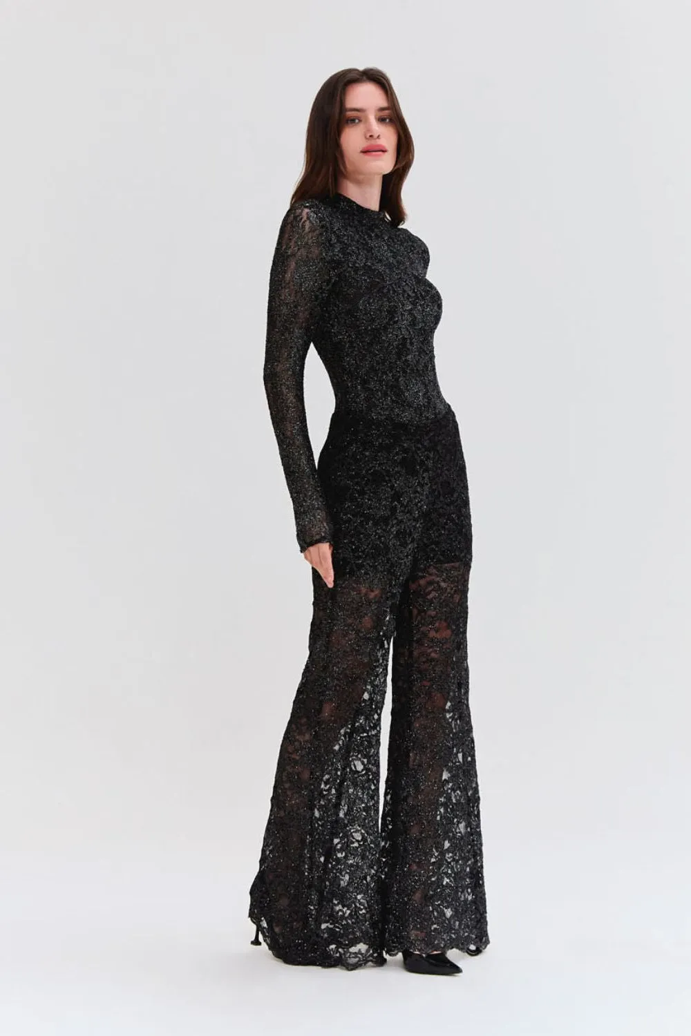 METALLIC LACE HIGH NECK BODYSUIT