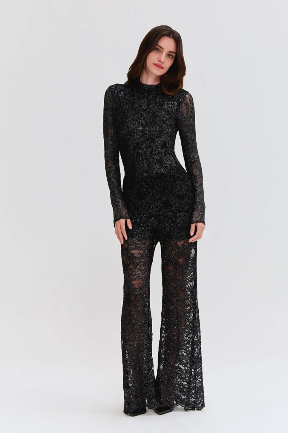 METALLIC LACE HIGH NECK BODYSUIT
