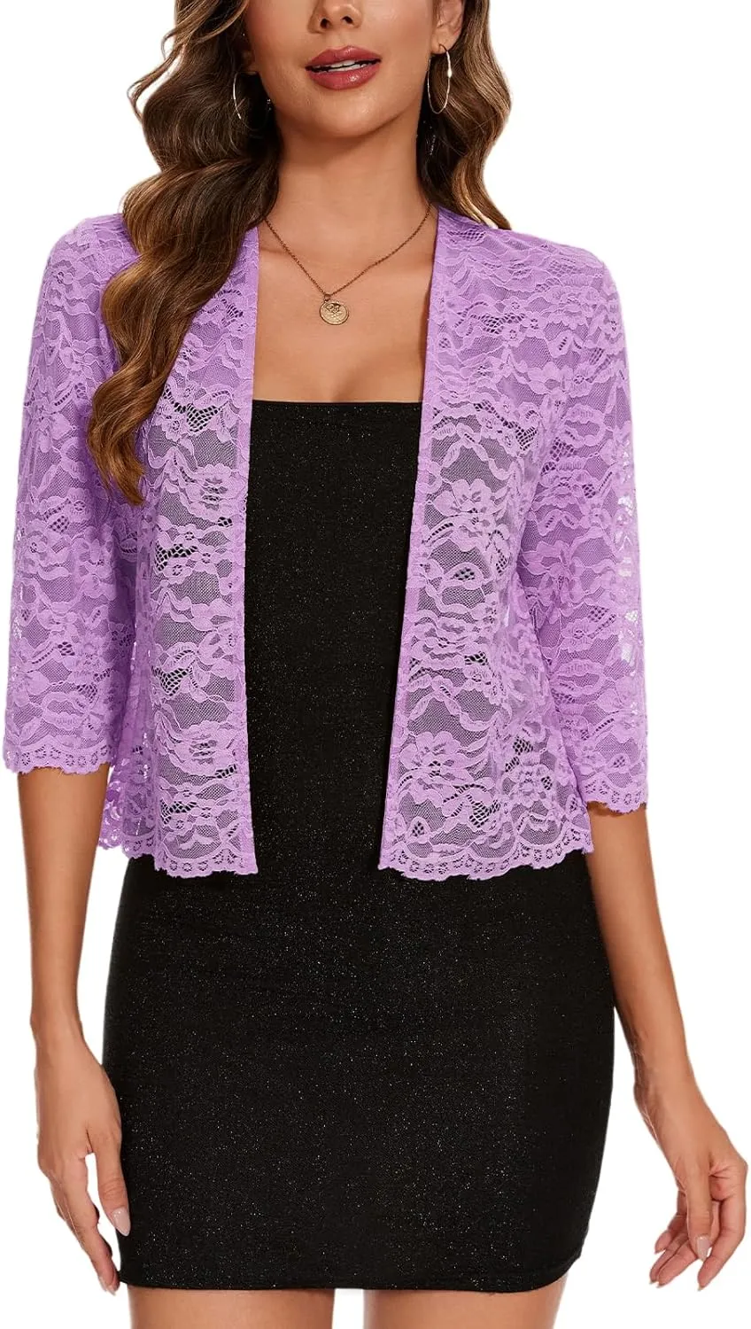 MINTLIMIT Women's Elegant 3/4 Sleeve Floral Lace Bolero Shrug Cropped Open Front Cardigan Shrug Tops