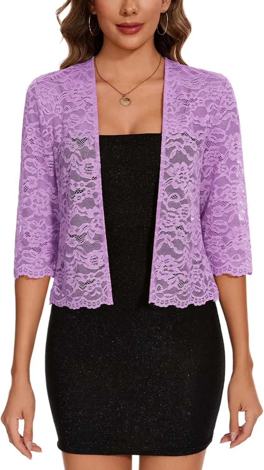 MINTLIMIT Women's Elegant 3/4 Sleeve Floral Lace Bolero Shrug Cropped Open Front Cardigan Shrug Tops