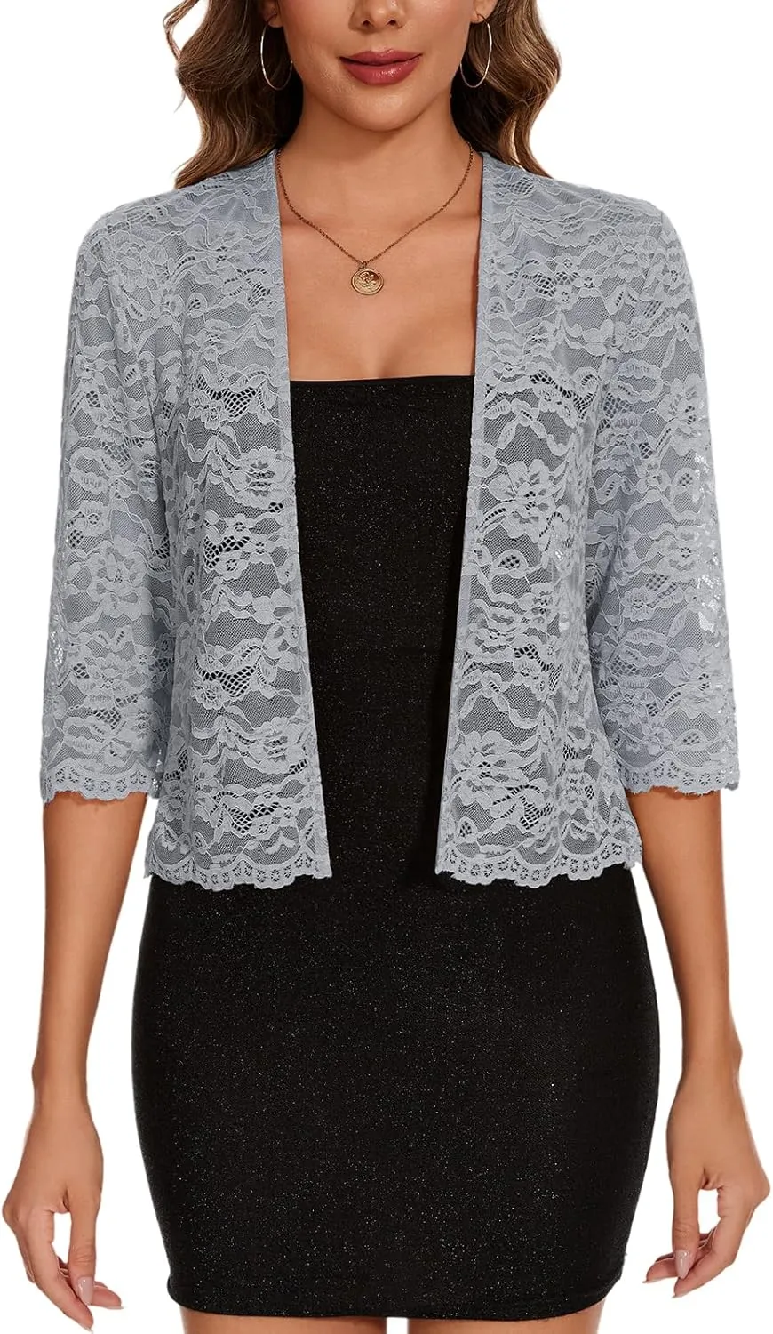MINTLIMIT Women's Elegant 3/4 Sleeve Floral Lace Bolero Shrug Cropped Open Front Cardigan Shrug Tops