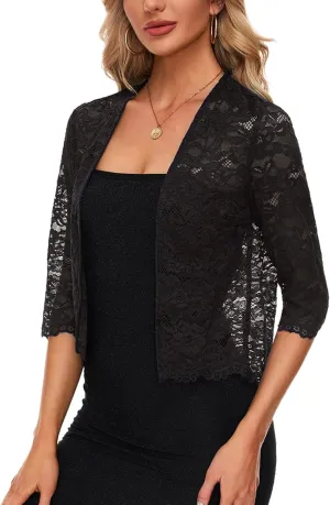 MINTLIMIT Women's Elegant 3/4 Sleeve Floral Lace Bolero Shrug Cropped Open Front Cardigan Shrug Tops