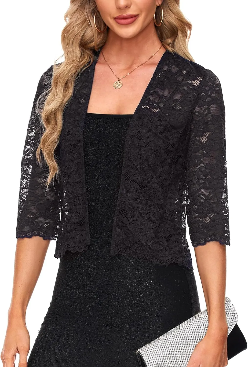 MINTLIMIT Women's Elegant 3/4 Sleeve Floral Lace Bolero Shrug Cropped Open Front Cardigan Shrug Tops
