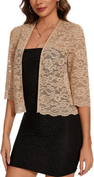 MINTLIMIT Women's Elegant 3/4 Sleeve Floral Lace Bolero Shrug Cropped Open Front Cardigan Shrug Tops
