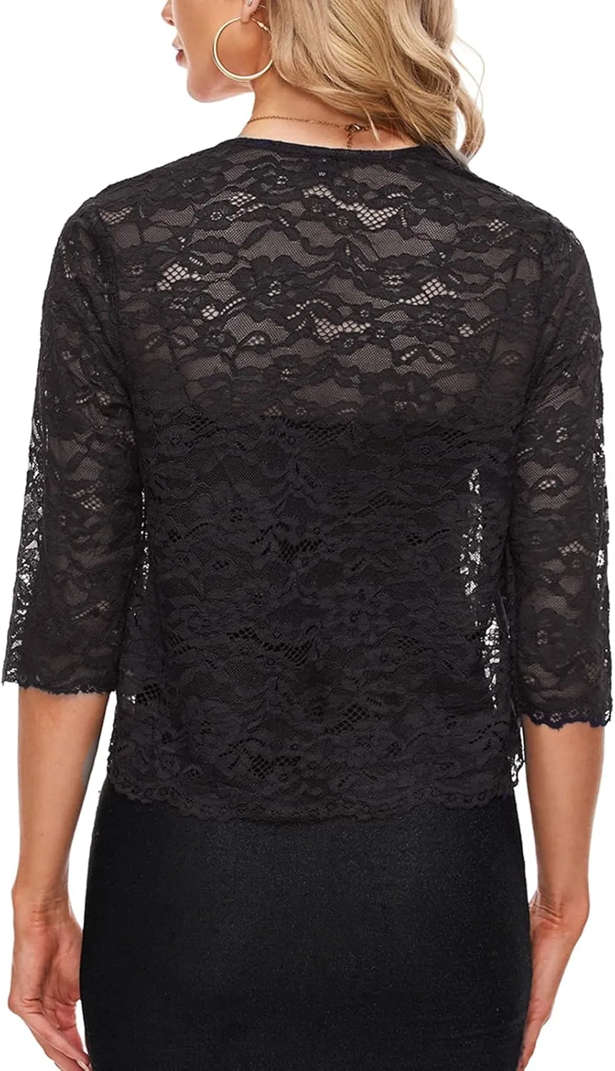 MINTLIMIT Women's Elegant 3/4 Sleeve Floral Lace Bolero Shrug Cropped Open Front Cardigan Shrug Tops