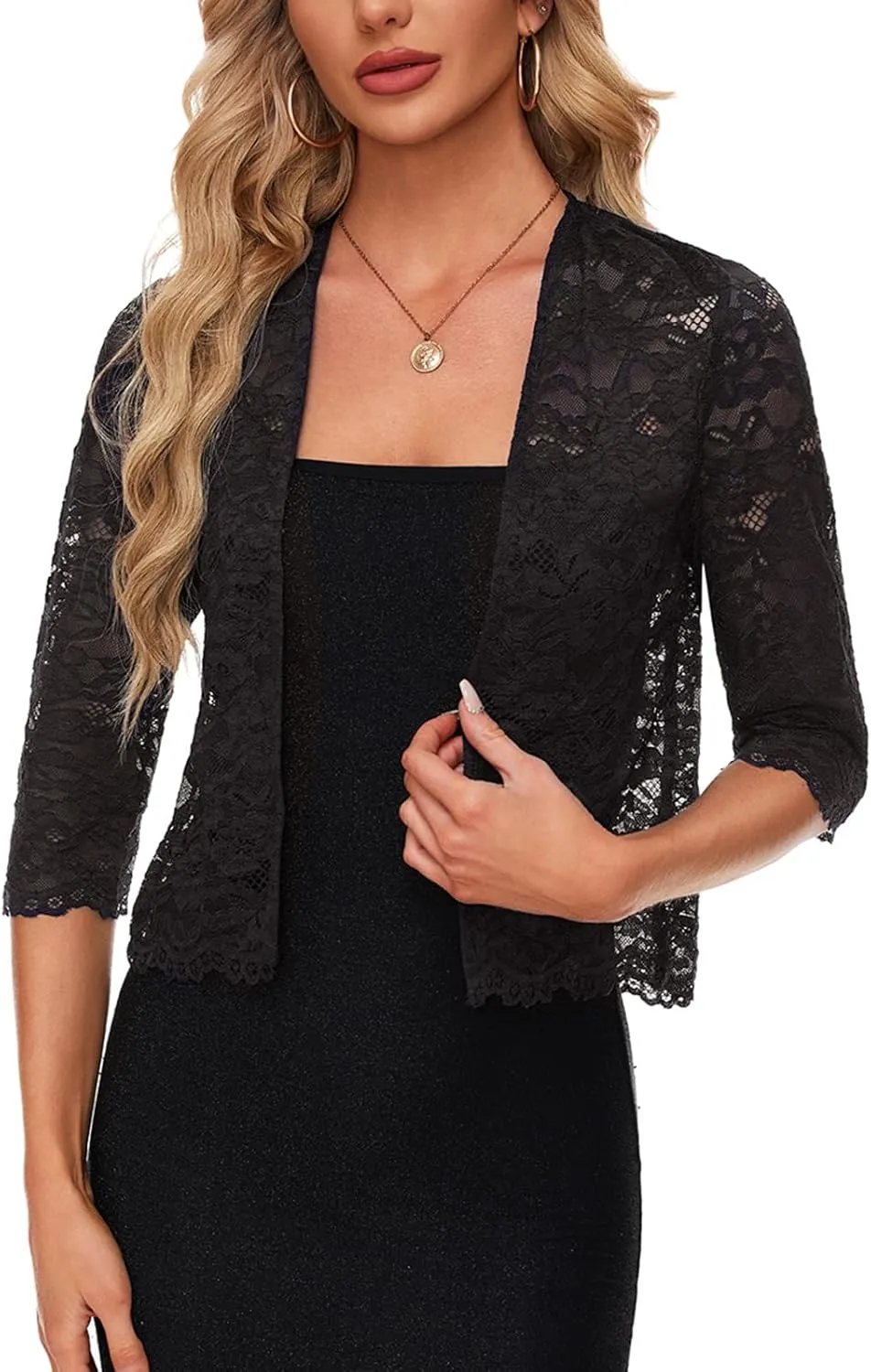 MINTLIMIT Women's Elegant 3/4 Sleeve Floral Lace Bolero Shrug Cropped Open Front Cardigan Shrug Tops