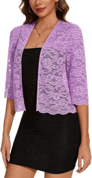 MINTLIMIT Women's Elegant 3/4 Sleeve Floral Lace Bolero Shrug Cropped Open Front Cardigan Shrug Tops