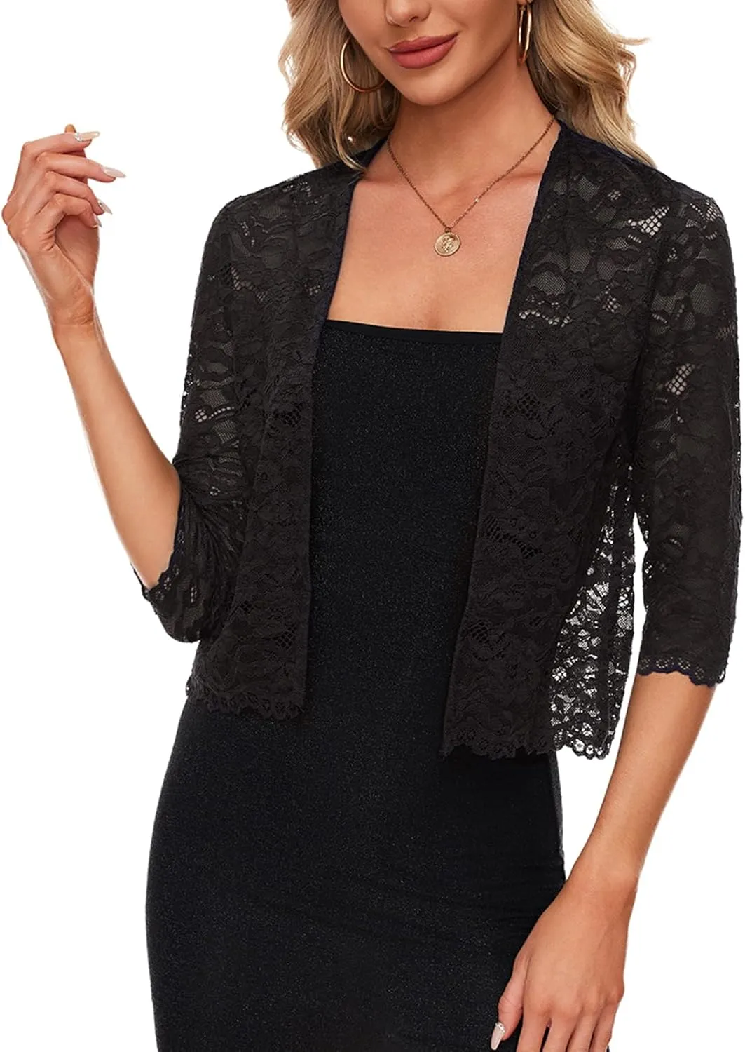 MINTLIMIT Women's Elegant 3/4 Sleeve Floral Lace Bolero Shrug Cropped Open Front Cardigan Shrug Tops