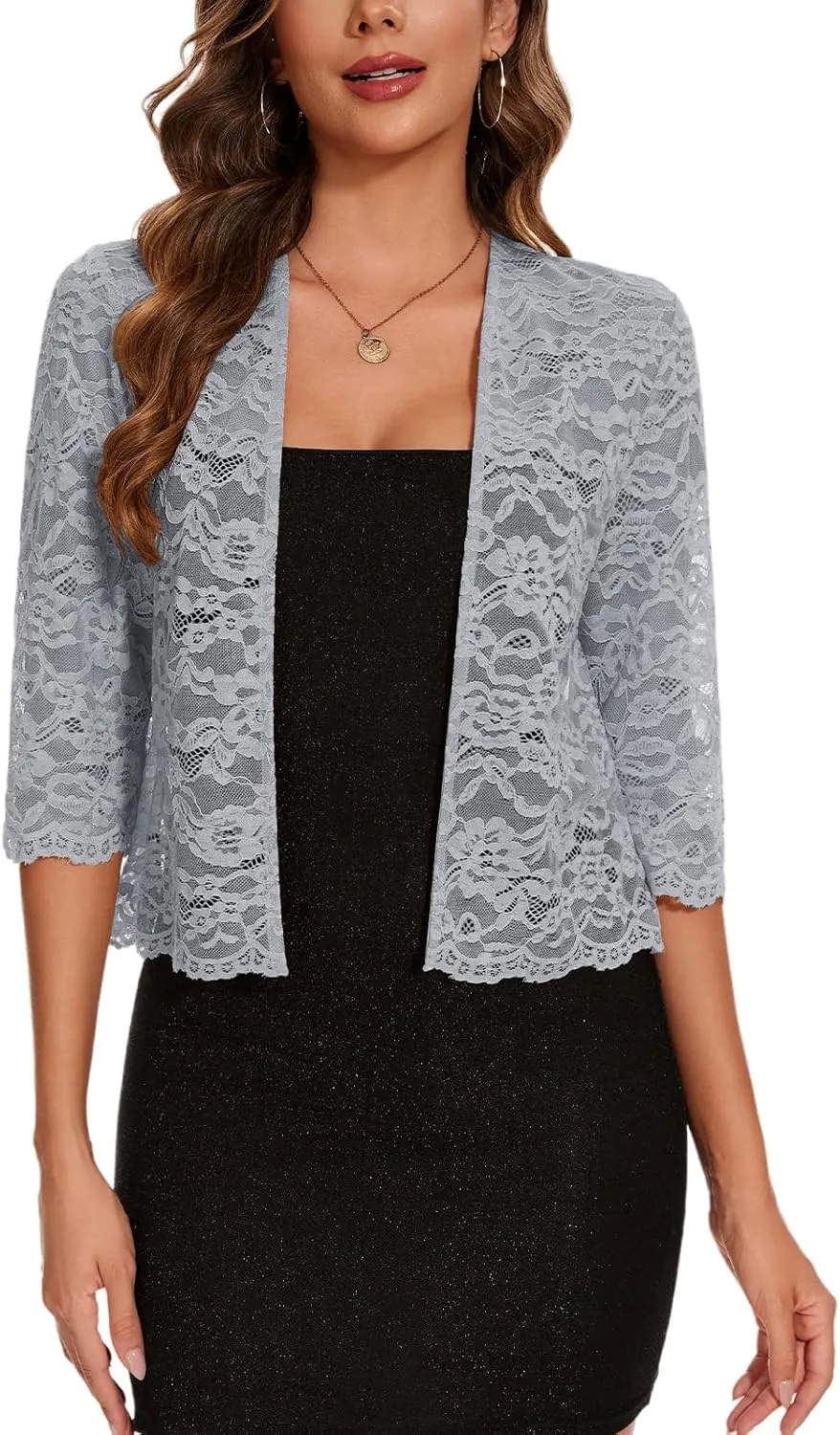 MINTLIMIT Women's Elegant 3/4 Sleeve Floral Lace Bolero Shrug Cropped Open Front Cardigan Shrug Tops