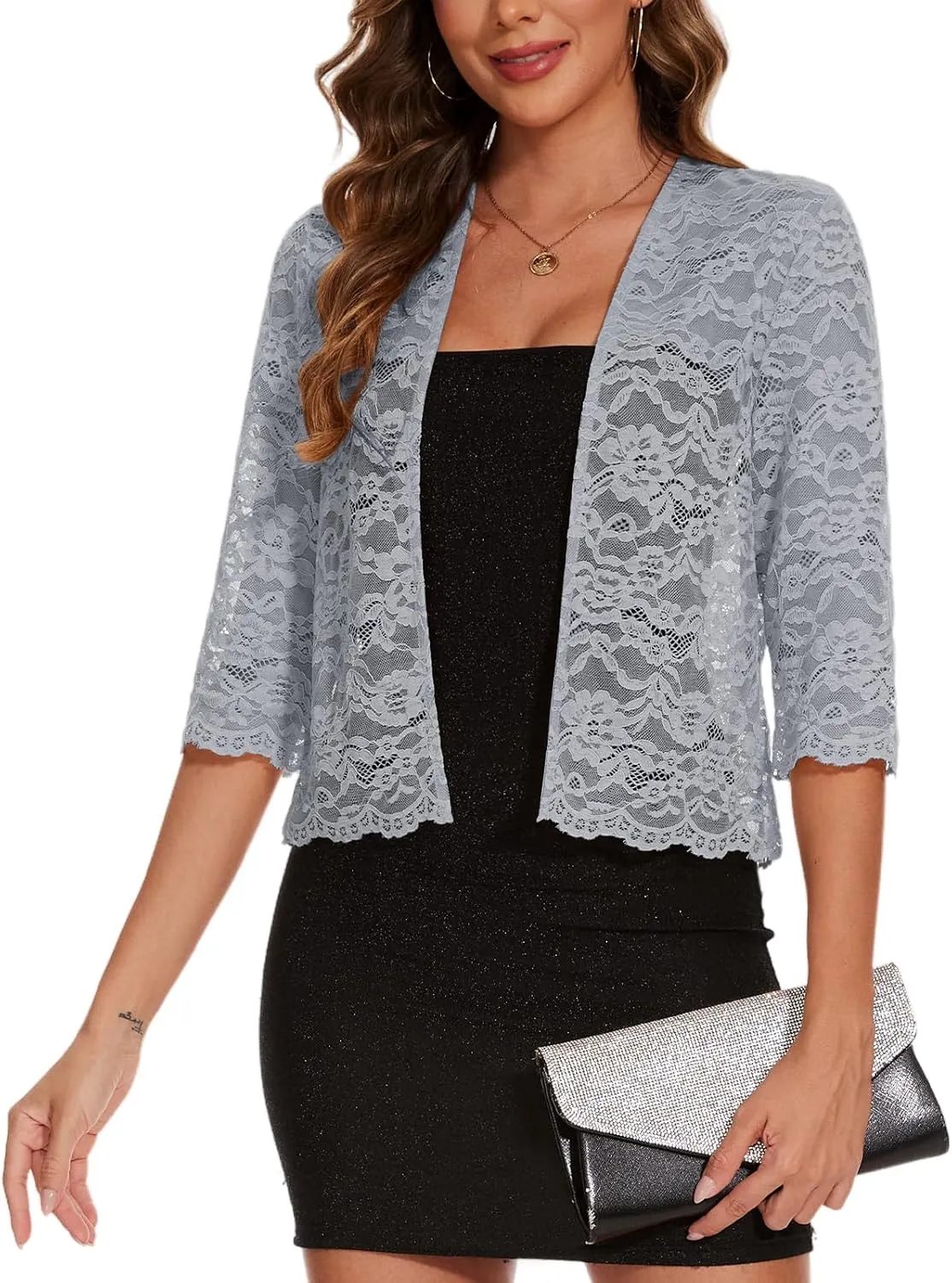 MINTLIMIT Women's Elegant 3/4 Sleeve Floral Lace Bolero Shrug Cropped Open Front Cardigan Shrug Tops
