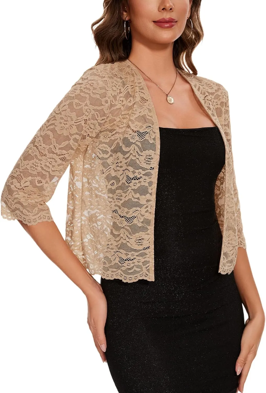 MINTLIMIT Women's Elegant 3/4 Sleeve Floral Lace Bolero Shrug Cropped Open Front Cardigan Shrug Tops