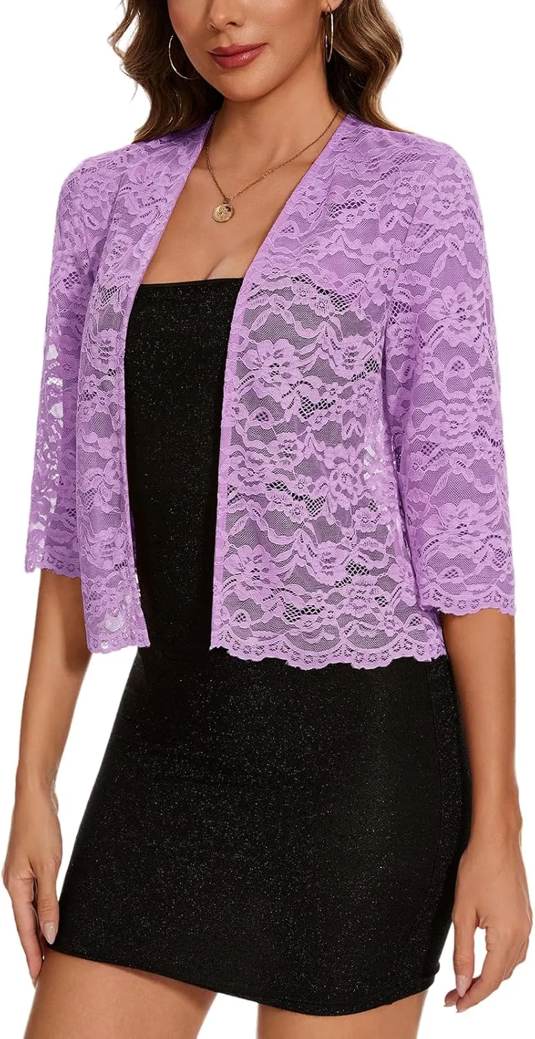 MINTLIMIT Women's Elegant 3/4 Sleeve Floral Lace Bolero Shrug Cropped Open Front Cardigan Shrug Tops