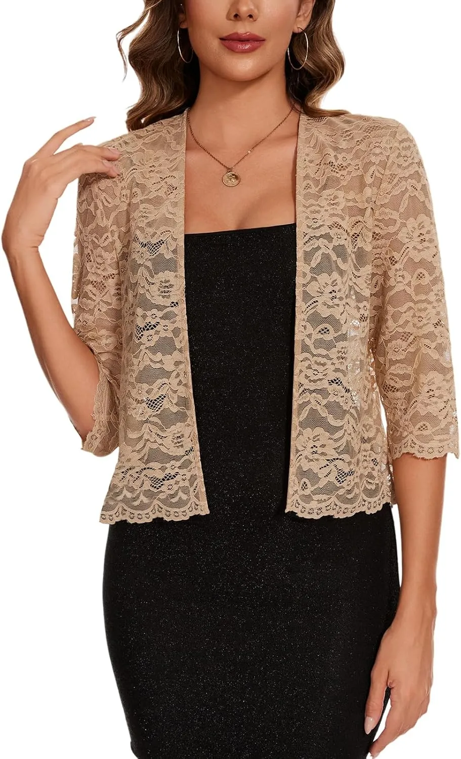 MINTLIMIT Women's Elegant 3/4 Sleeve Floral Lace Bolero Shrug Cropped Open Front Cardigan Shrug Tops