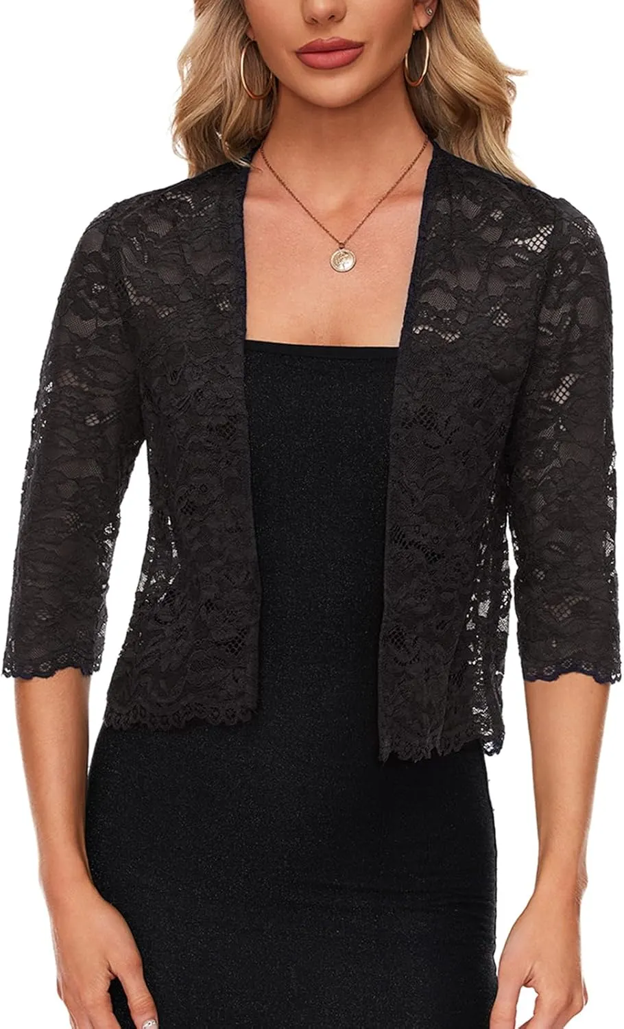 MINTLIMIT Women's Elegant 3/4 Sleeve Floral Lace Bolero Shrug Cropped Open Front Cardigan Shrug Tops