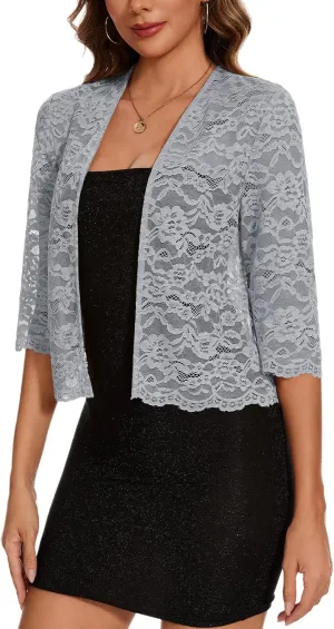 MINTLIMIT Women's Elegant 3/4 Sleeve Floral Lace Bolero Shrug Cropped Open Front Cardigan Shrug Tops