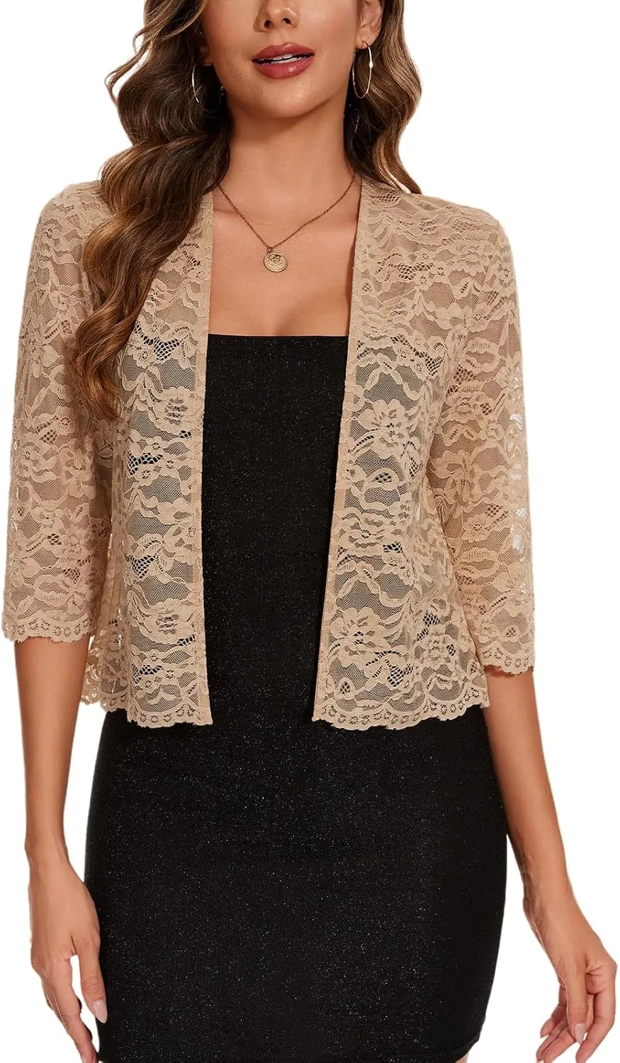 MINTLIMIT Women's Elegant 3/4 Sleeve Floral Lace Bolero Shrug Cropped Open Front Cardigan Shrug Tops