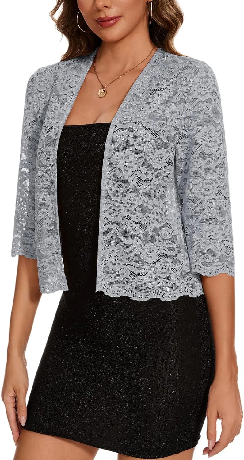MINTLIMIT Women's Elegant 3/4 Sleeve Floral Lace Bolero Shrug Cropped Open Front Cardigan Shrug Tops