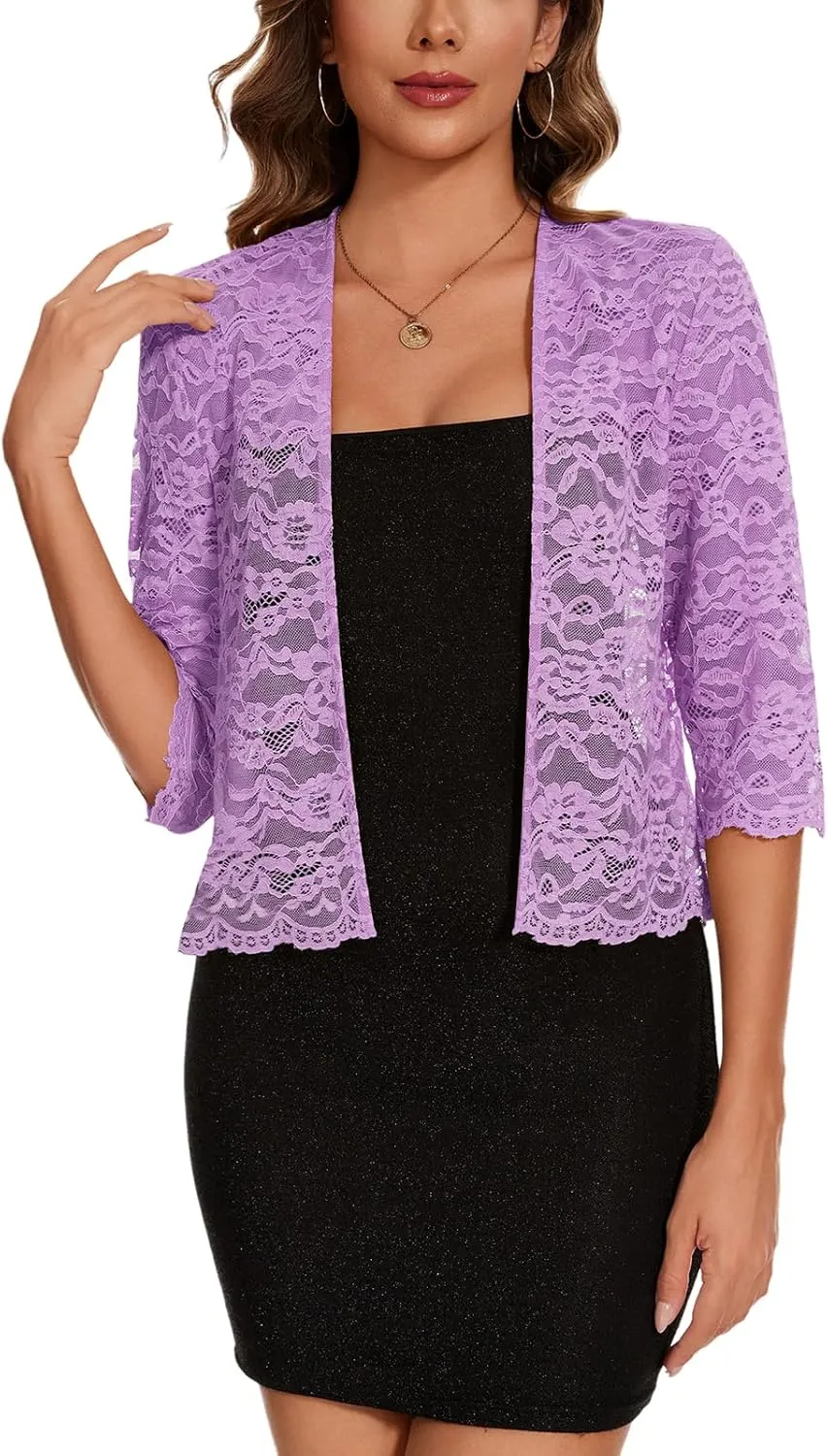 MINTLIMIT Women's Elegant 3/4 Sleeve Floral Lace Bolero Shrug Cropped Open Front Cardigan Shrug Tops
