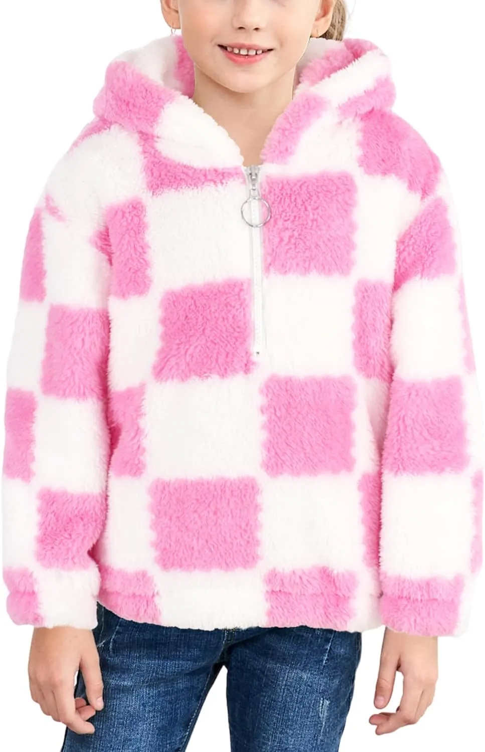 MODAFANS Girls Buffalo Plaid Fleece Hoodies Pullover Teddy Bear Jacket Sweatshirt Casual Outwear Coat with Pockets 4-13Years
