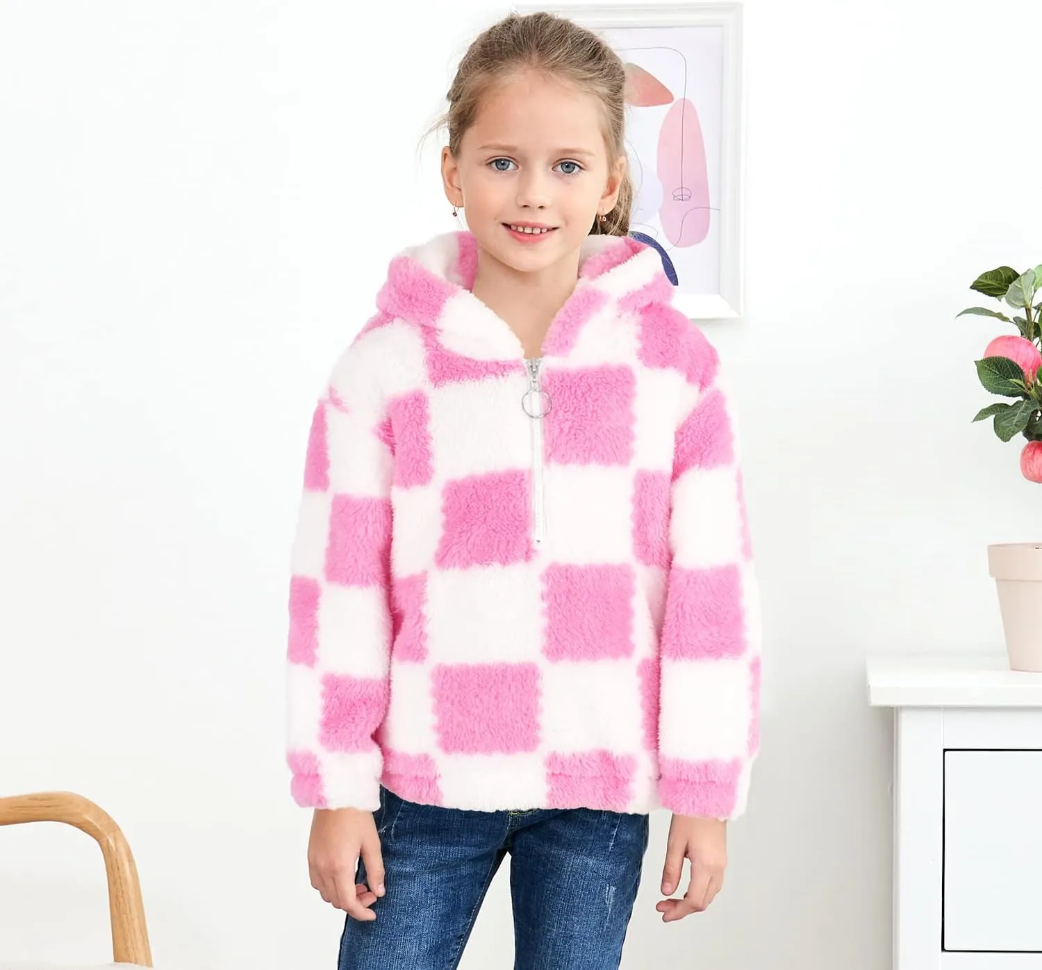 MODAFANS Girls Buffalo Plaid Fleece Hoodies Pullover Teddy Bear Jacket Sweatshirt Casual Outwear Coat with Pockets 4-13Years