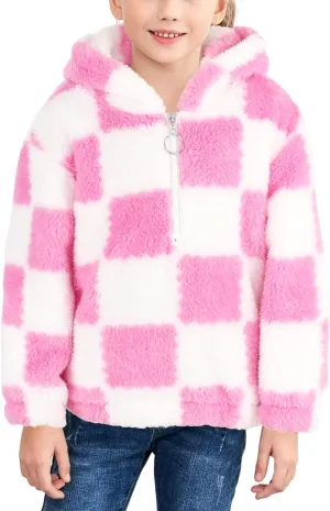 MODAFANS Girls Buffalo Plaid Fleece Hoodies Pullover Teddy Bear Jacket Sweatshirt Casual Outwear Coat with Pockets 4-13Years