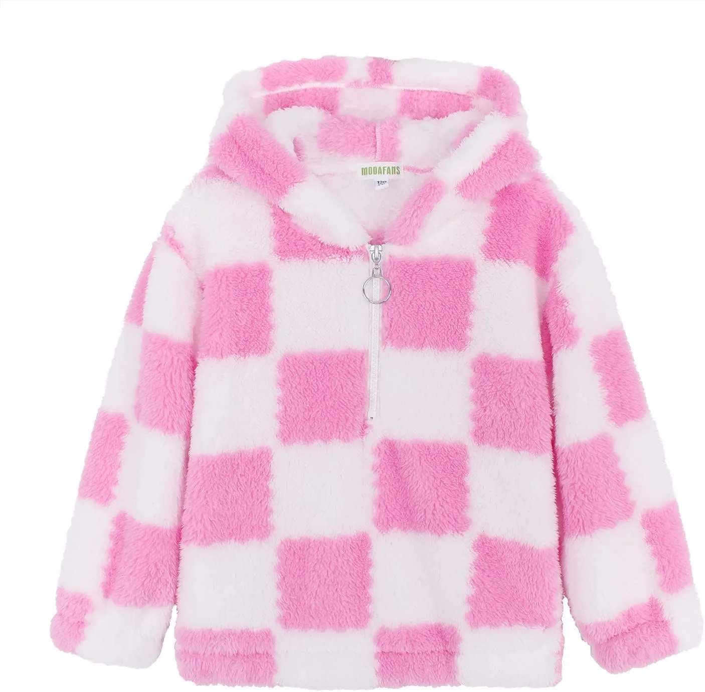 MODAFANS Girls Buffalo Plaid Fleece Hoodies Pullover Teddy Bear Jacket Sweatshirt Casual Outwear Coat with Pockets 4-13Years