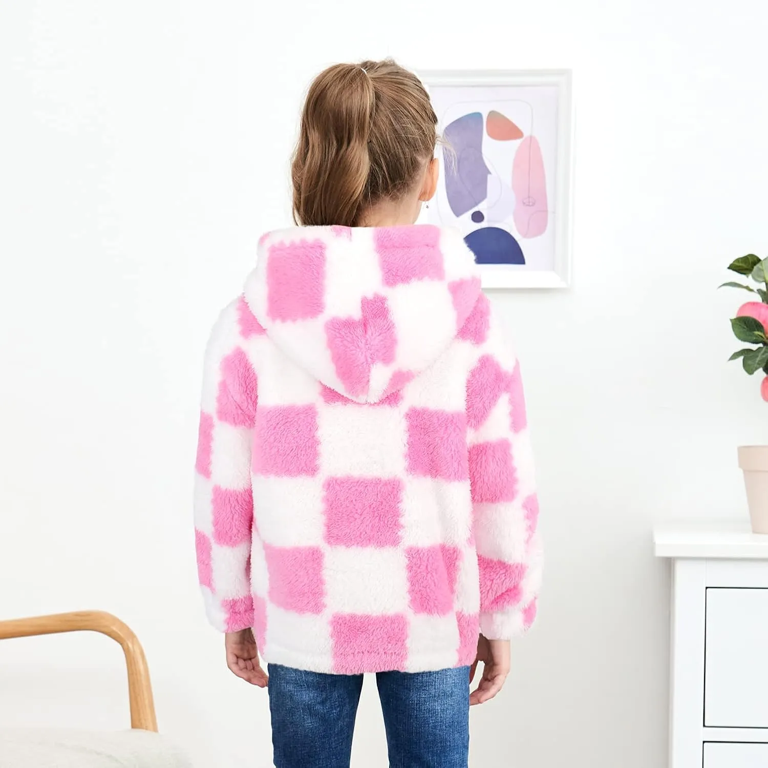 MODAFANS Girls Buffalo Plaid Fleece Hoodies Pullover Teddy Bear Jacket Sweatshirt Casual Outwear Coat with Pockets 4-13Years