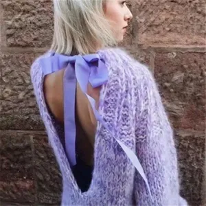 Mohair Backless Straps Bowknot Long Lantern Sleeves Women Pullover Sweater