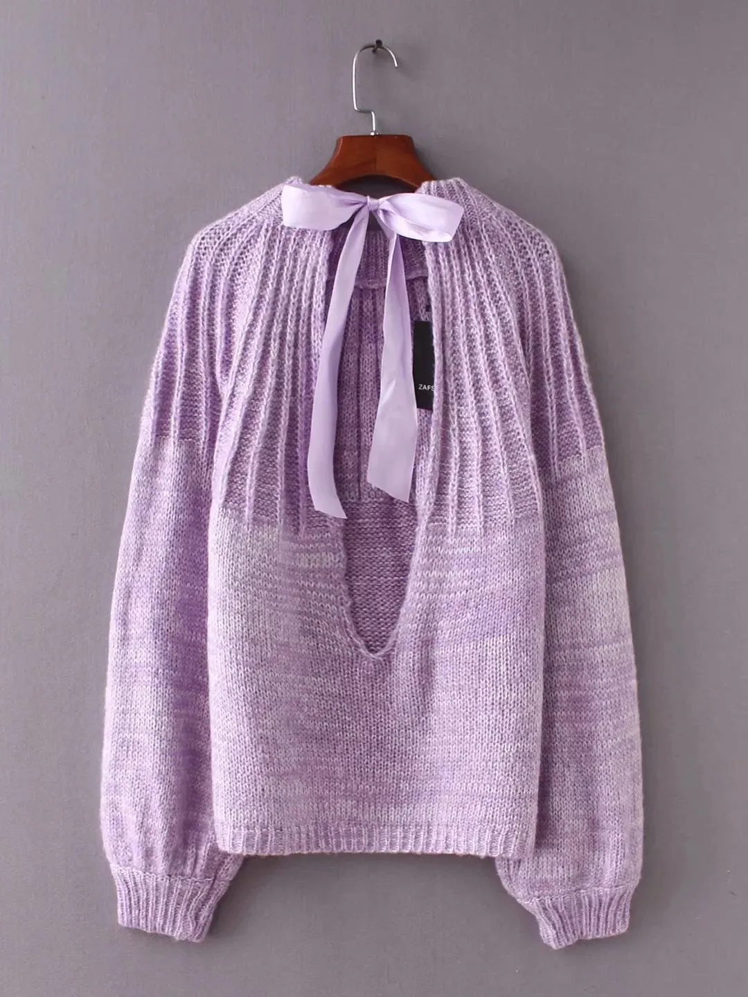 Mohair Backless Straps Bowknot Long Lantern Sleeves Women Pullover Sweater