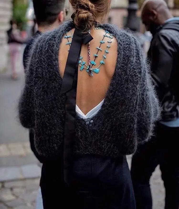 Mohair Backless Straps Bowknot Long Lantern Sleeves Women Pullover Sweater